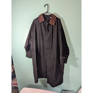Towne London Fog Men's Size 44 Short Black Trench Coat Brown Leather Collar